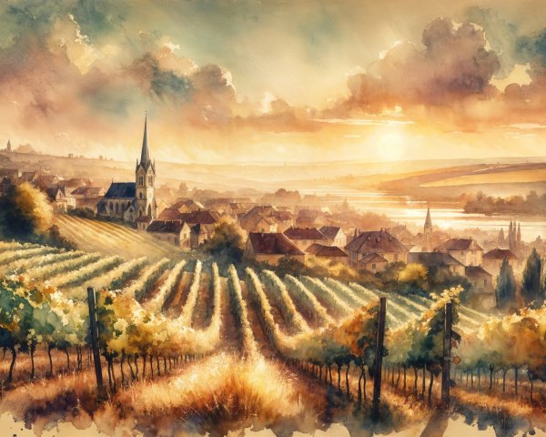 Countryside Village Surrounded by Rolling Hills and Vineyards