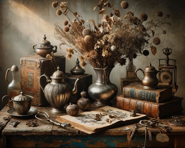 Rustic Table with Vintage Teapots and Dried Flowers