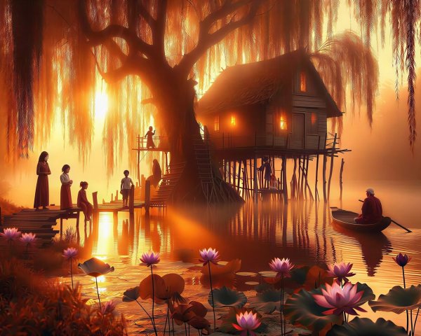 Golden-Hour Swamp Scene with Stilt House and Figures