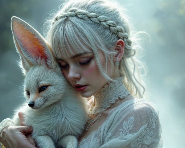 Serene Scene of Woman Embracing a Fennec Fox