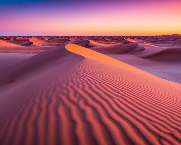 Vibrant Desert Dunes at Sunrise with Colorful Sky