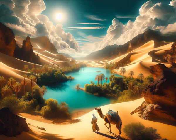 Vibrant Oasis in Desert Landscape with Mountains