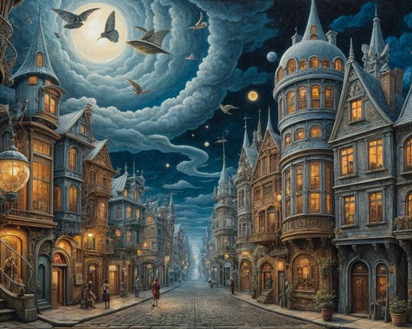 Moonlit Street in a Magical Whimsical Town