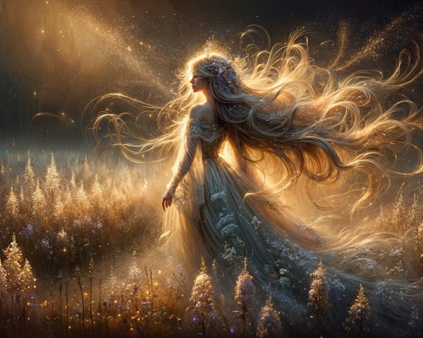 Ethereal Figure in a Shimmering Meadow Scene