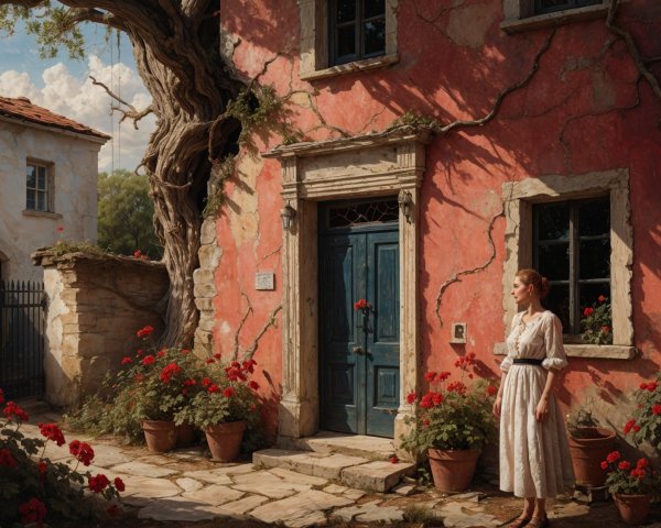 Young Woman by Weathered House with Vibrant Geraniums