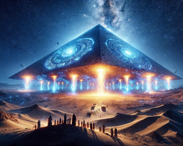 Otherworldly pyramid above desert landscape at night