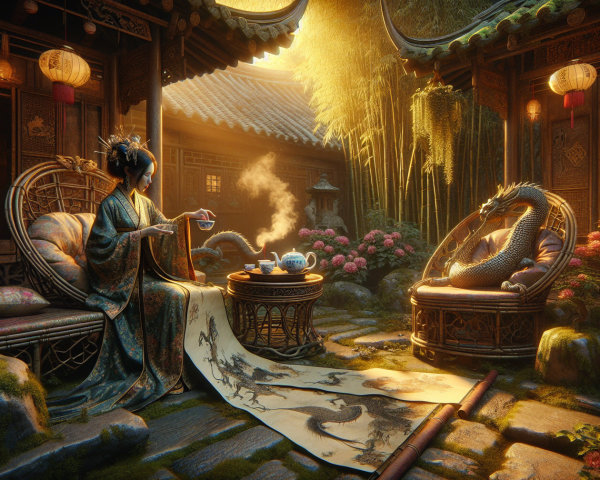 Serene Courtyard with Woman in Kimono and Dragon Sculpture