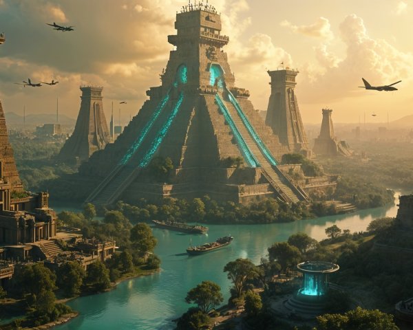 Ancient city with pyramids and lush landscape at sunset