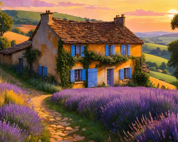 Rustic cottage with blue shutters in lavender fields