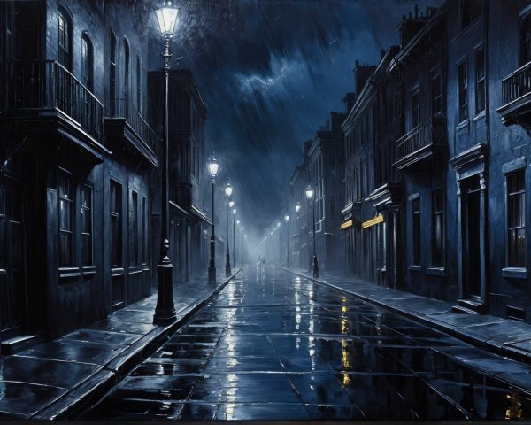 Dimly Lit Night Street with Vintage Lampposts and Rain