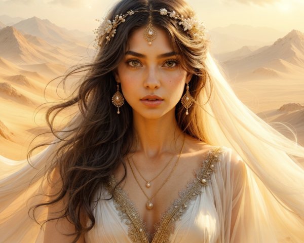Young woman in a desert with elegant gown and accessories