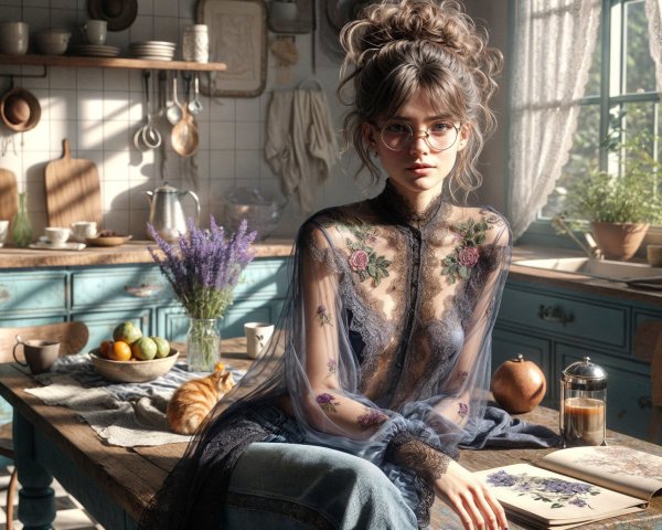 Woman at Rustic Kitchen Table with Fresh Produce