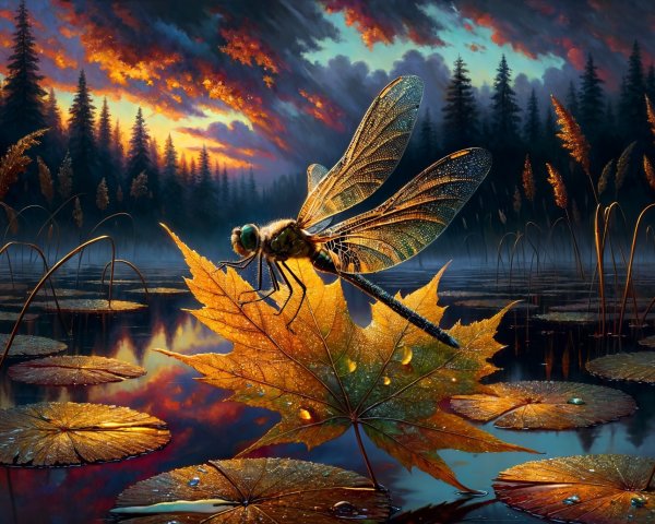 Dragonfly on Leaf at Sunset Over Tranquil Lake