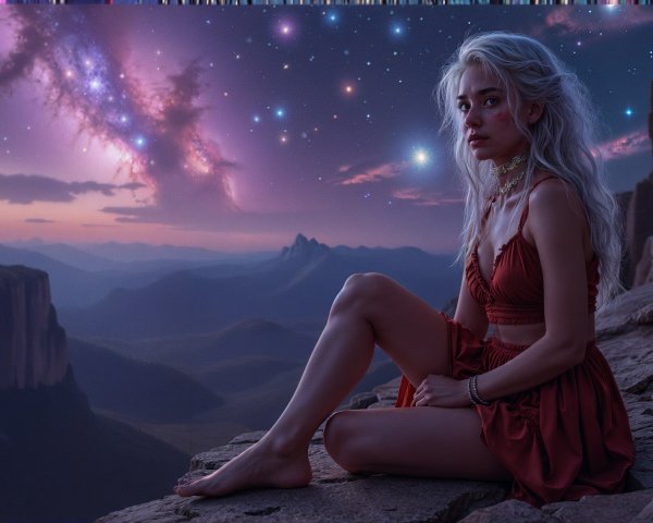 Young Woman on Rocky Ledge with Twilight Landscape