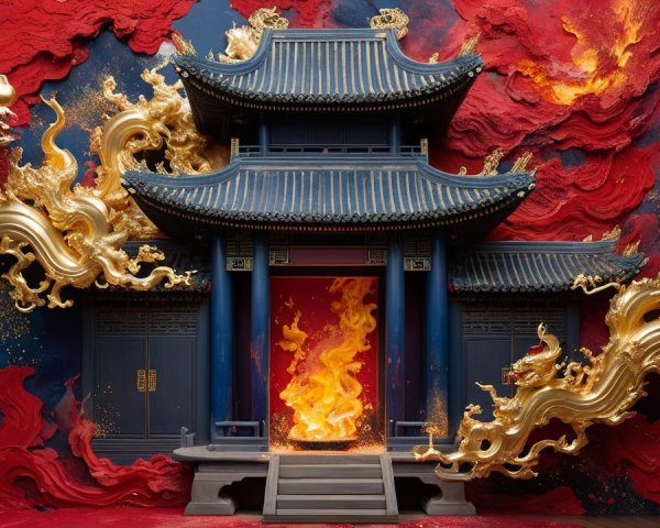 Ornate Asian Building with Vibrant Red and Blue Backdrop