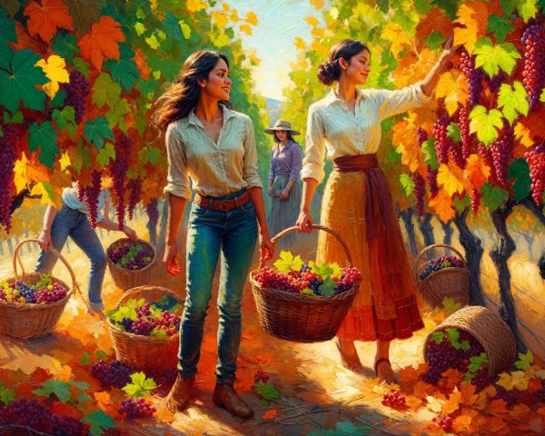 Women Harvesting Grapes in a Vibrant Vineyard