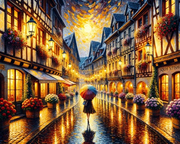Charming Cobblestone Street at Dusk with Flowers