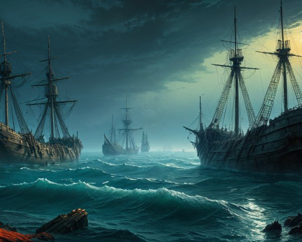 Old Wooden Sailing Ships in Stormy Ocean Scene