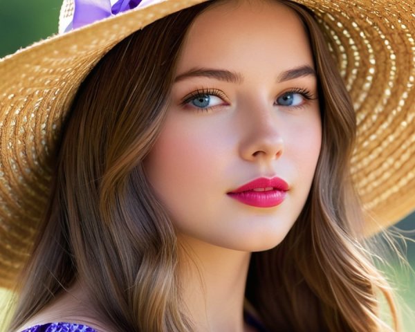 Young woman in straw hat with blue eyes and smile