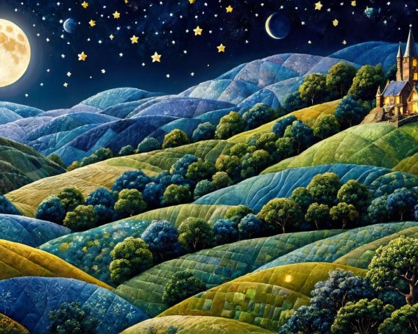 Serene Landscape with Hills, Cottage, and Night Sky