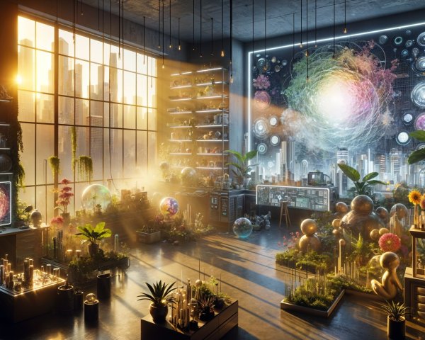 Vibrant Laboratory with Greenery and Cosmic Mural