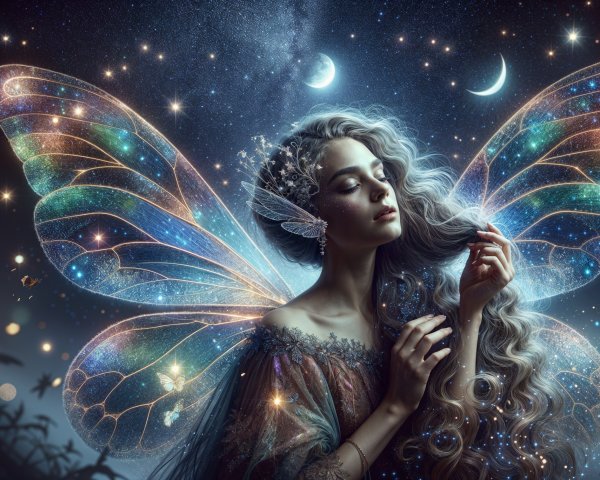 Mystical Fairy with Shimmering Wings in Starry Sky