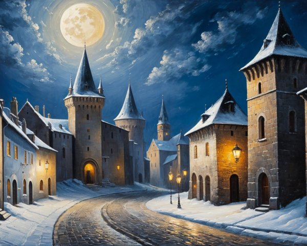Winter Night in a Snow-Covered Medieval Village