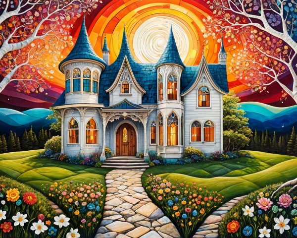 Whimsical Fairy-Tale House with Colorful Surroundings