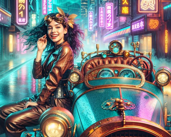 Neon-Lit Street Scene with Vintage Car and Curly Hair