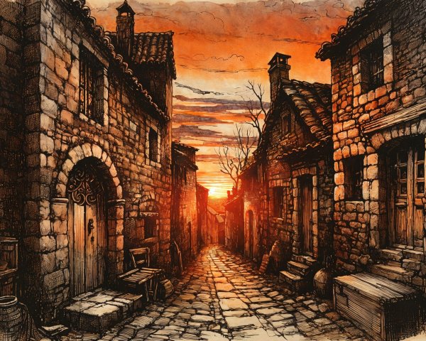 Narrow Cobblestone Street in Quaint Village at Sunset