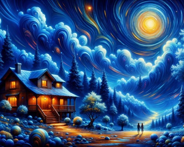 Whimsical Dreamlike Landscape with Cozy Wooden House