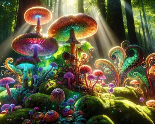 Vibrant Mushroom Forest Scene with Sunlight and Ferns