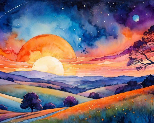 Vibrant Watercolor Landscape of a Sunset Scene