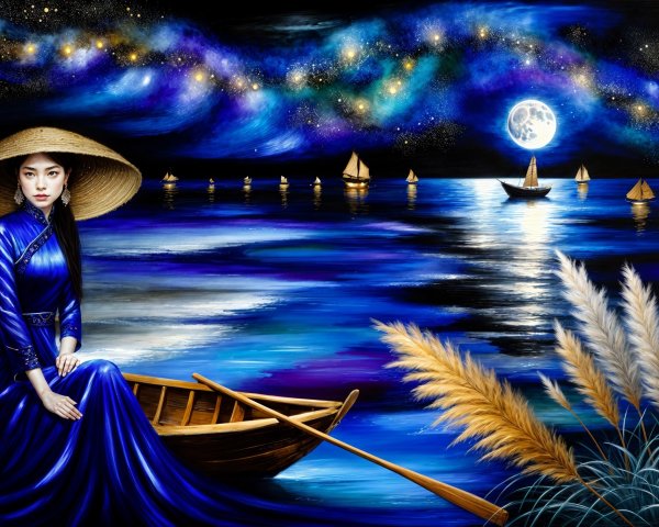 Serene Night Scene with Woman in Blue Dress on Water