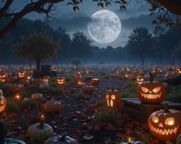 Halloween Night Scene with Carved Pumpkins and Moonlight