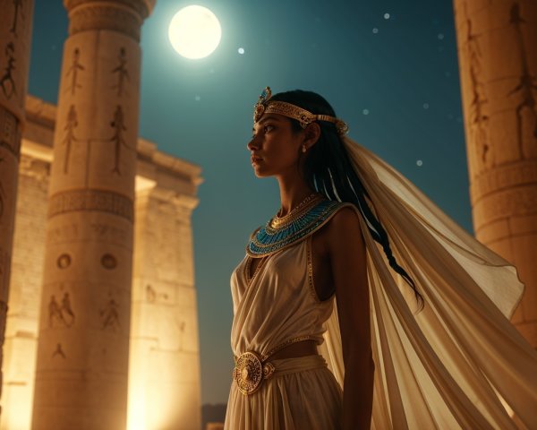 Regal Figure Under Moon with Egyptian Motifs and Stars