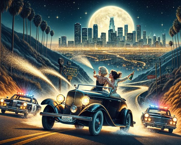 Vintage car chase at night with city skyline backdrop