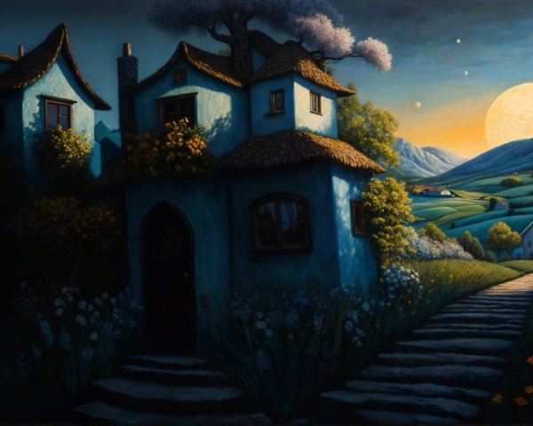 Twilight Landscape with Blue Cottages and Moonlight