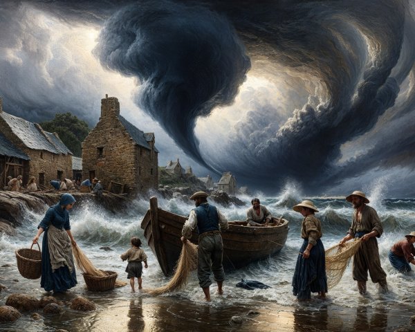 Fishermen and Women Amidst Stormy Coastal Scene