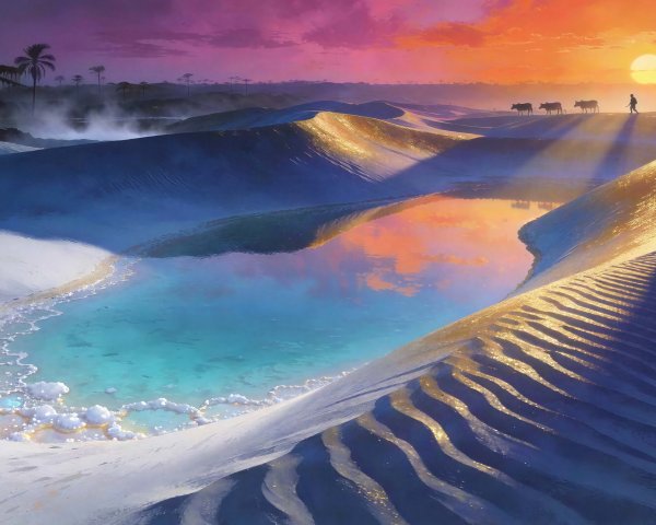 Vibrant Sunset Over White Sand Dunes and Oasis