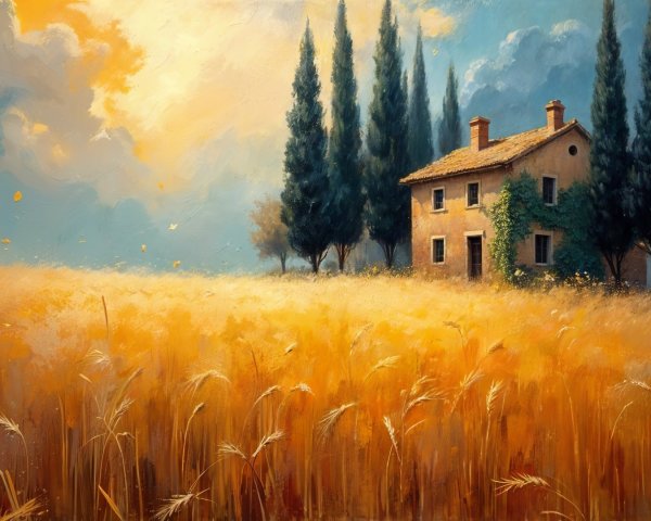 Rustic House Surrounded by Wheat Fields and Cypress Trees