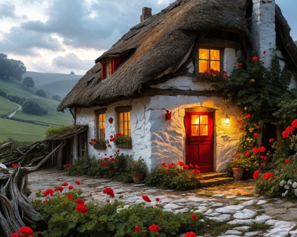 Thatched-Roof Cottage in a Lush Green Landscape