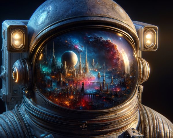 Futuristic Astronaut Helmet with Cosmic Landscape Reflection