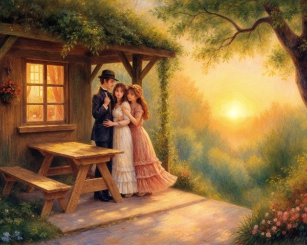Young Lovers in Romantic Outdoor Cabin Setting
