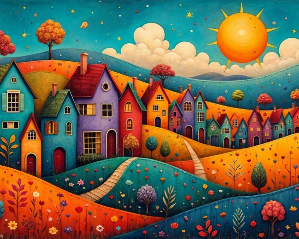 Vibrant Landscape of Colorful Houses on Rolling Hills