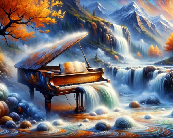 Surreal Landscape with Piano and Flowing Water