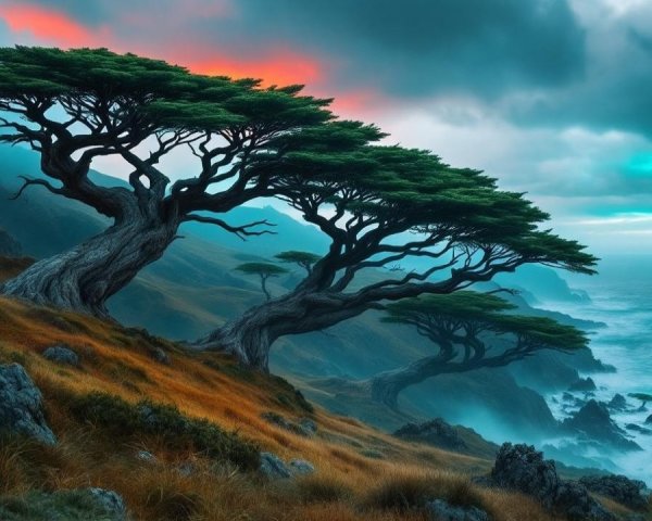 Dramatic Coastal Scene with Trees and Sunset Colors