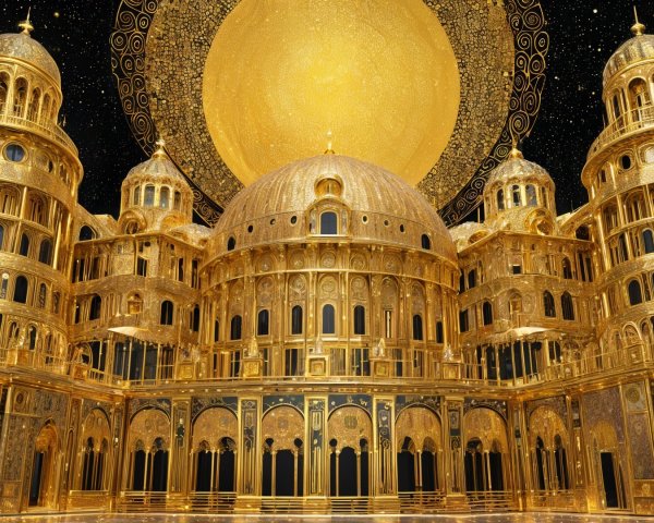 Grand hall with golden architecture and ornate design