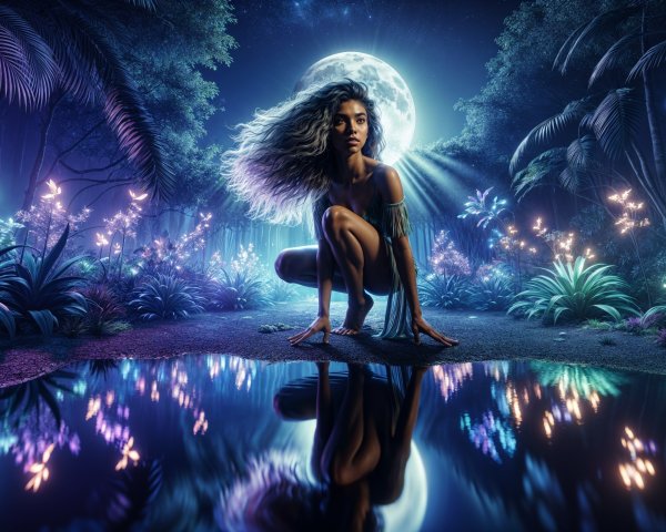 Mystical forest scene with a woman by a pool