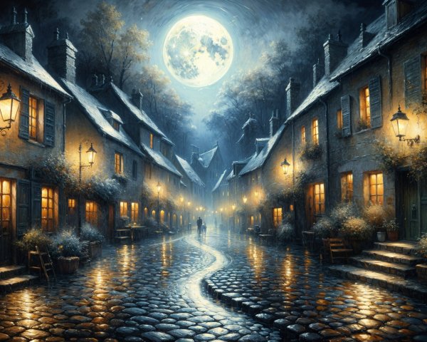 Moonlit Village Street with Charming Houses and Lanterns